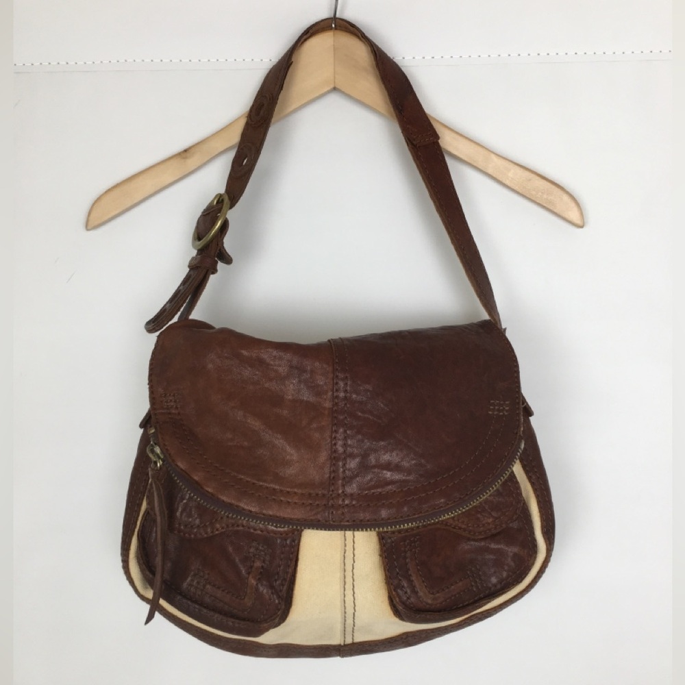 Lucky Brand Italian Leather & Canvas Shoulder Bag Brown Tan Hobo Bag Purse